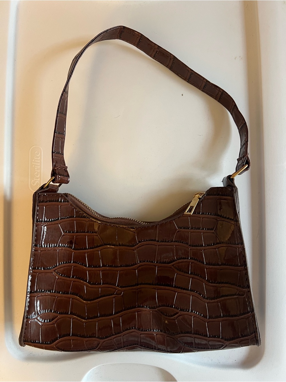 Brown Croc-Embossed Shoulder Bag